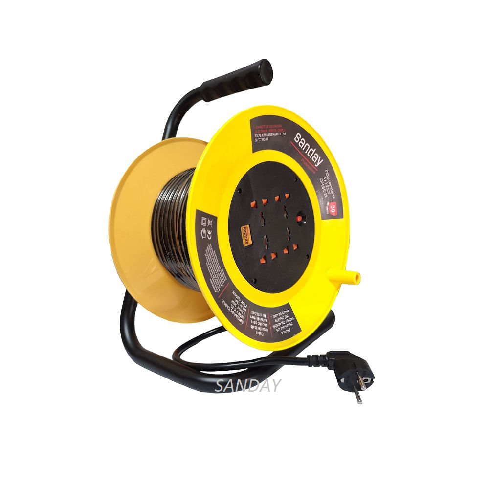 CARRETE EXTENSION DE CORRIENTE AMARILLO 4 ENTRADAS 30 METROS NEGRO SANDAY