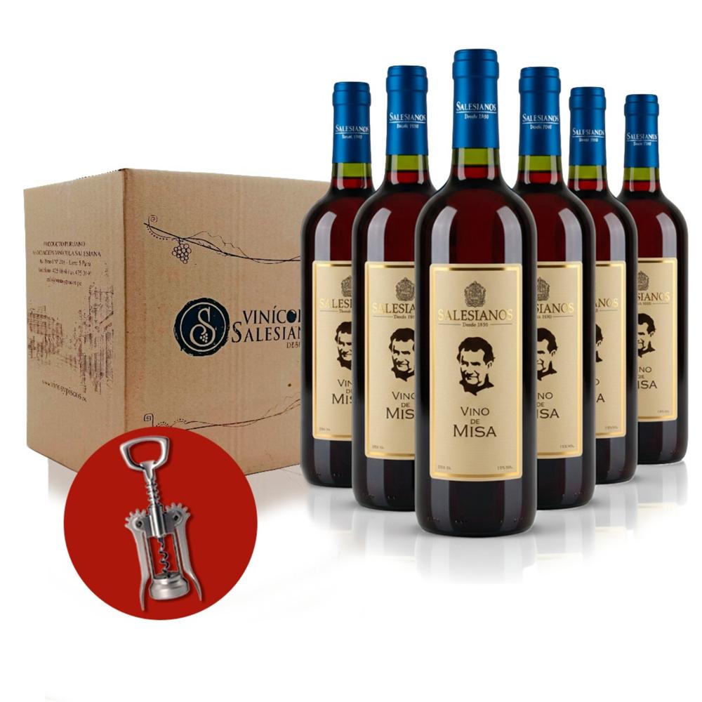 6 Vino de Misa X 750 cc y 1 Sacacorchos Metálico con doble engranaje Tipo Rosati