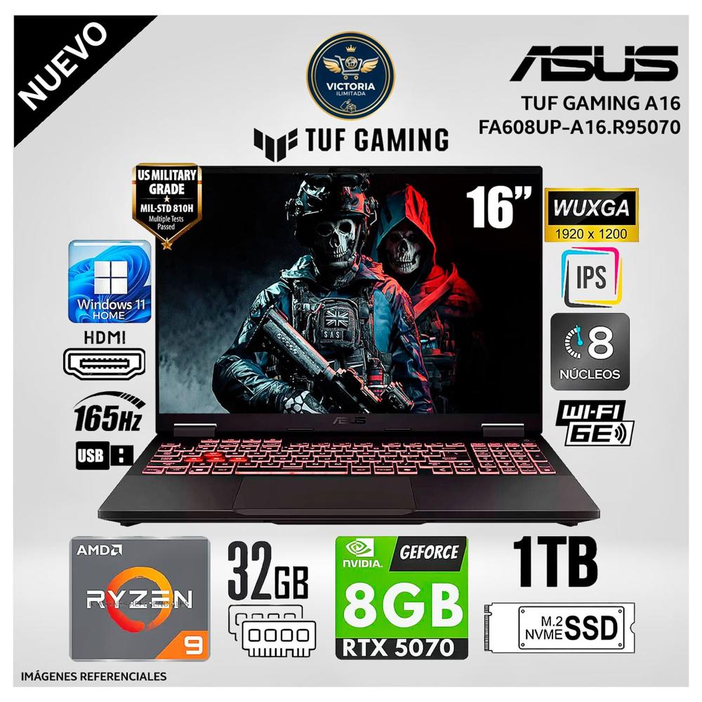 Laptop ASUS TUF Gaming A16 16 Pulg. WUXGA 165Hz AMD Ryzen 9-270 32GB RAM 1TB SSD RTX 5070 8GB