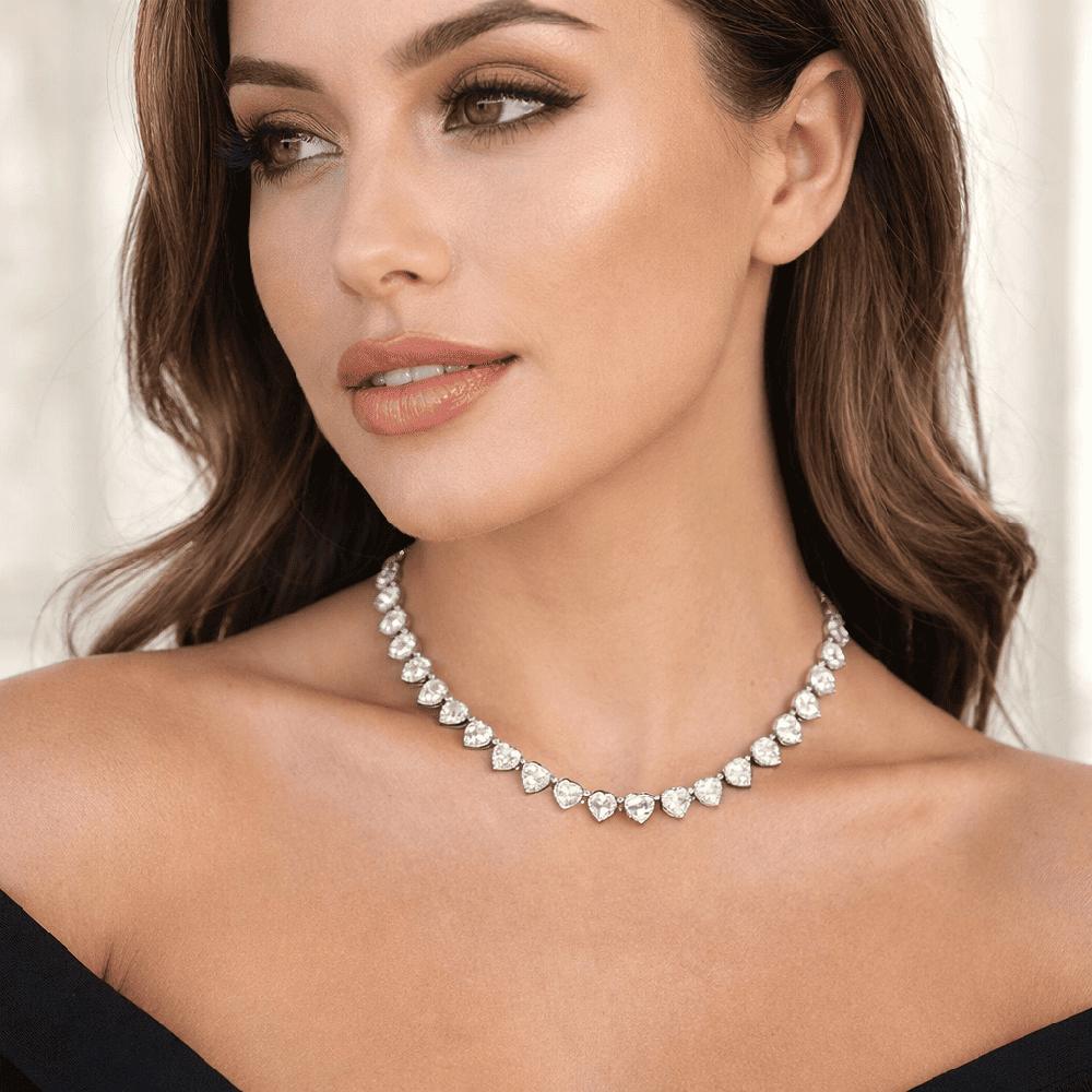 COLLAR 40 CORAZONES BAÑADO EN ORO BLANCO CRISTALES CIRCON MODA LUJO REGALO MUJER MADRE GENIEKA