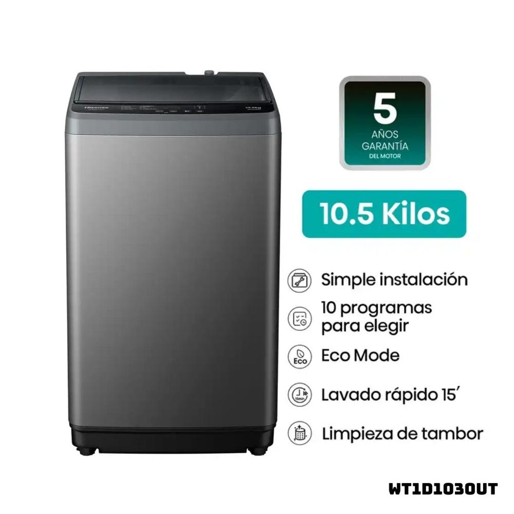 LAVADORA HISENSE TAPA TRANSPARENTE 10.5 KG CARGA SUPERIOR GRIS - WT1D1030UT