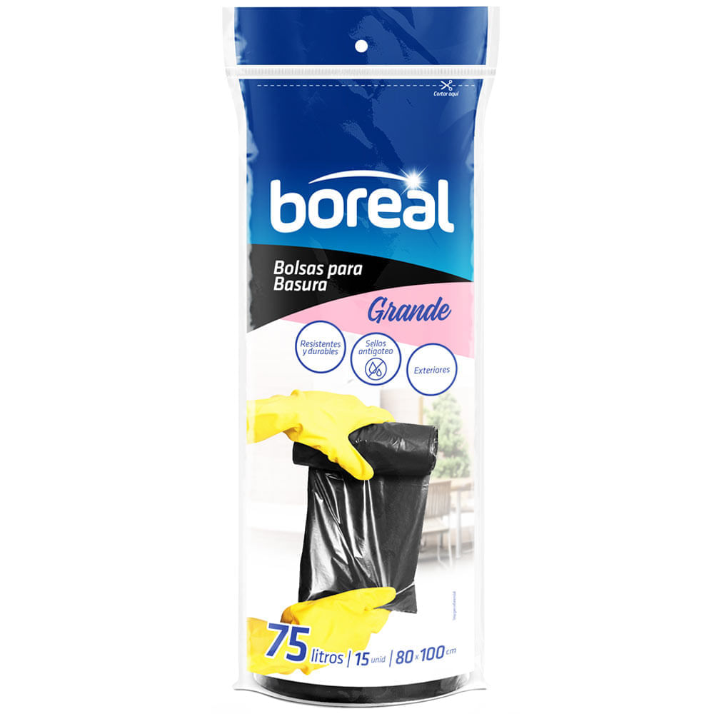 Bolsa para Basura 75L x15un BOREAL Rollo Negro