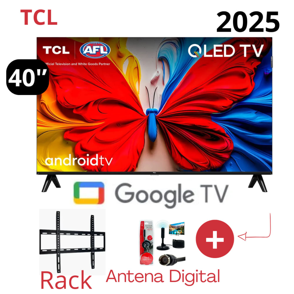 TELEVSOR TCL QLED GOOGLE TV 40S5K 4K UHD MAS ANTENA DIGITAL Y RACK