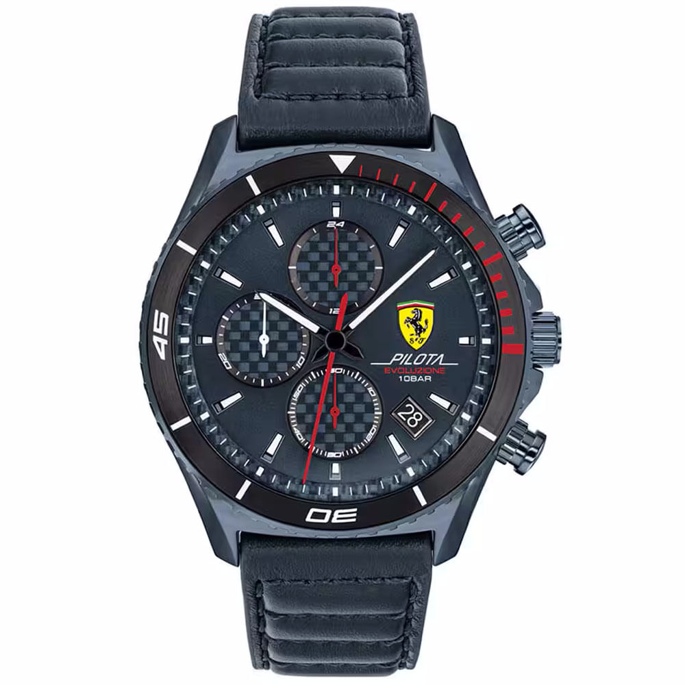 Reloj Ferrari Pilota Evo 0830774 Fecha Cronómetro Acero Inoxidable y Correa de Cuero Azul
