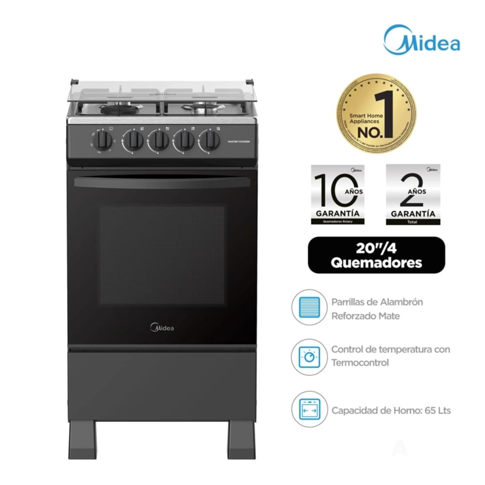 Cocina a Gas Midea MGS20FS2LFABB PE 20 pulgadas 4 Hornillas Negro