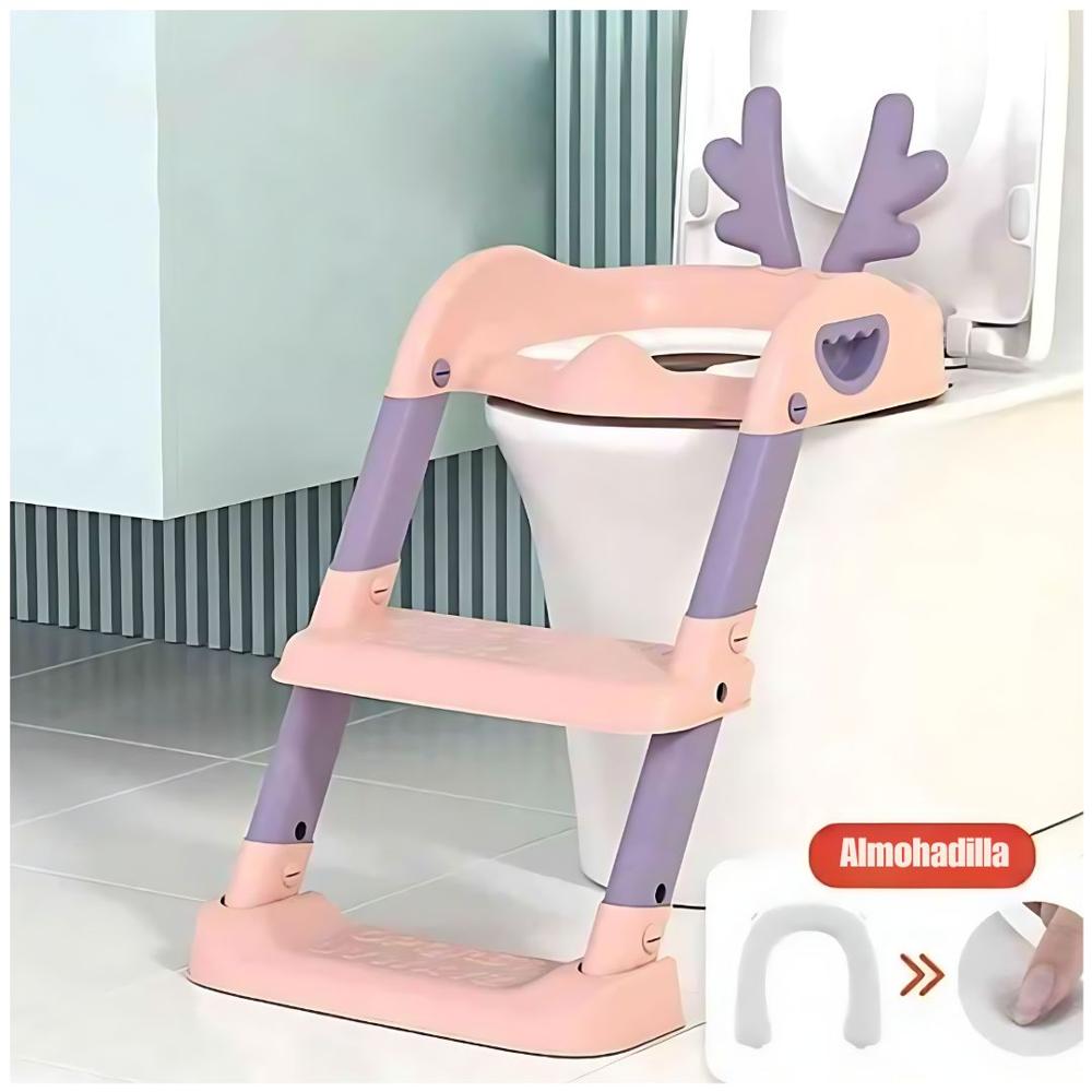 Asiento Baño Entrenamiento para Bebes Regulable Plegable  con Escalera Rosado