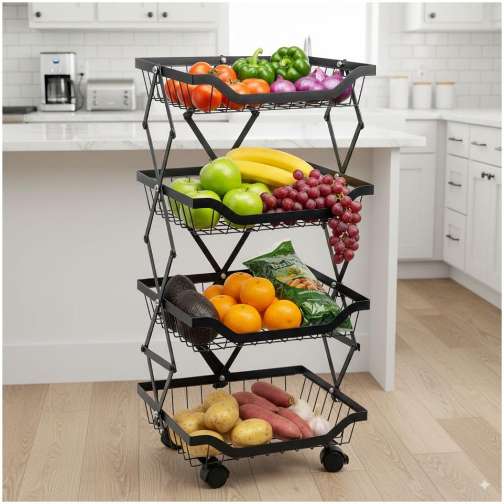 Carrito Organizador de Cocina Multiusos de Metal 4 Niveles Plegable con Ruedas