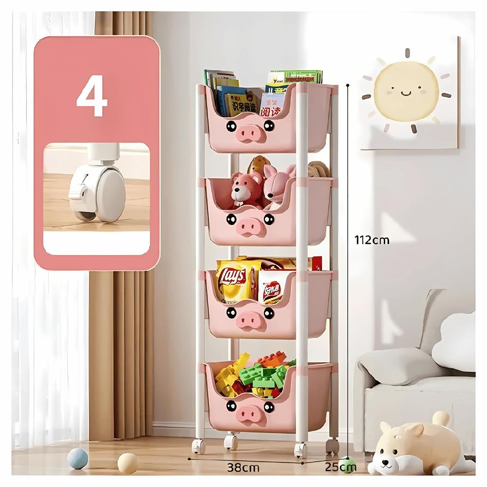 Organizador de Juguetes Multiusos 4 Niveles Plegable con Ruedas Rosado