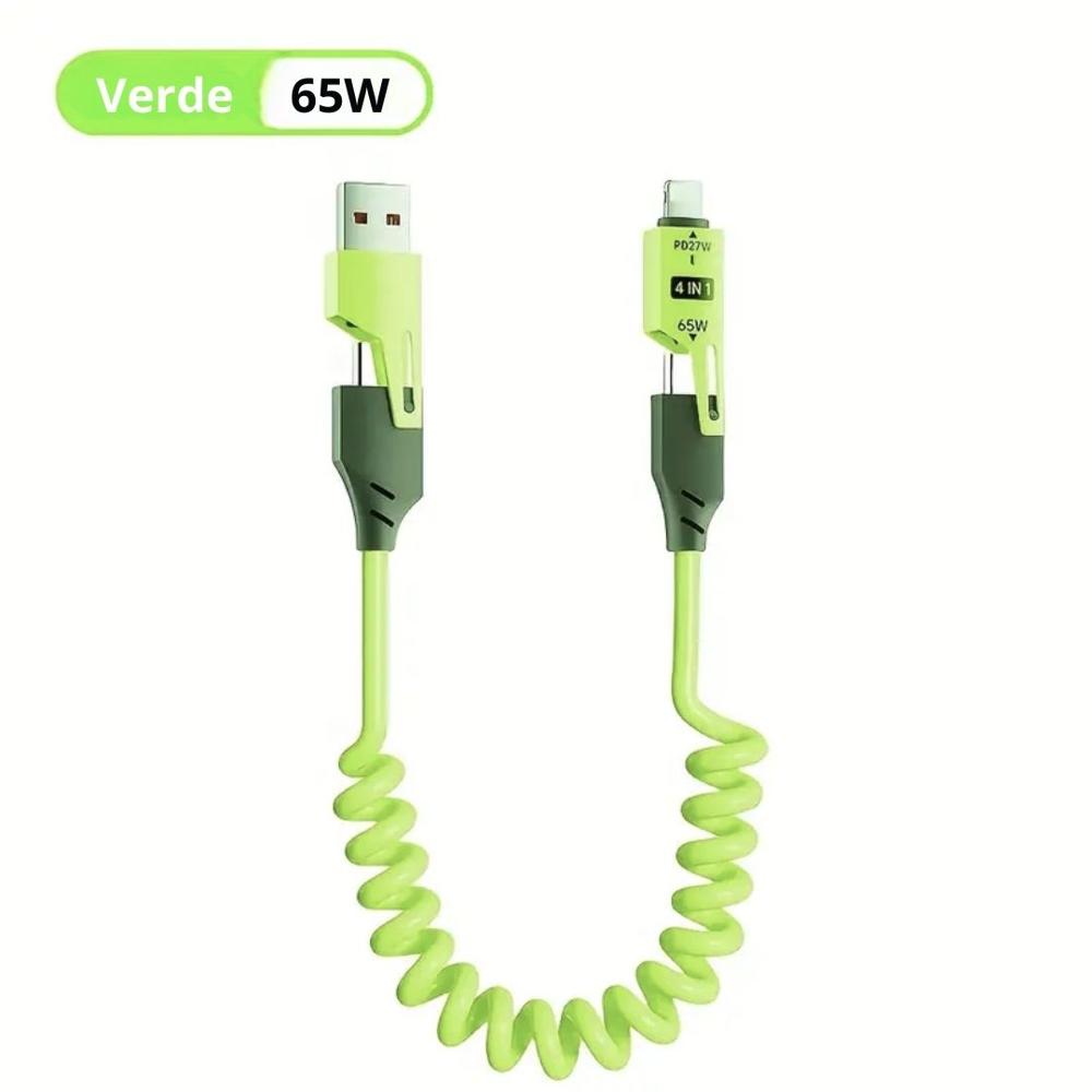 Cable Carga Rápida y Datos Retráctil de 65W 4 en 1 USB + Tipo C +Lightning Verde