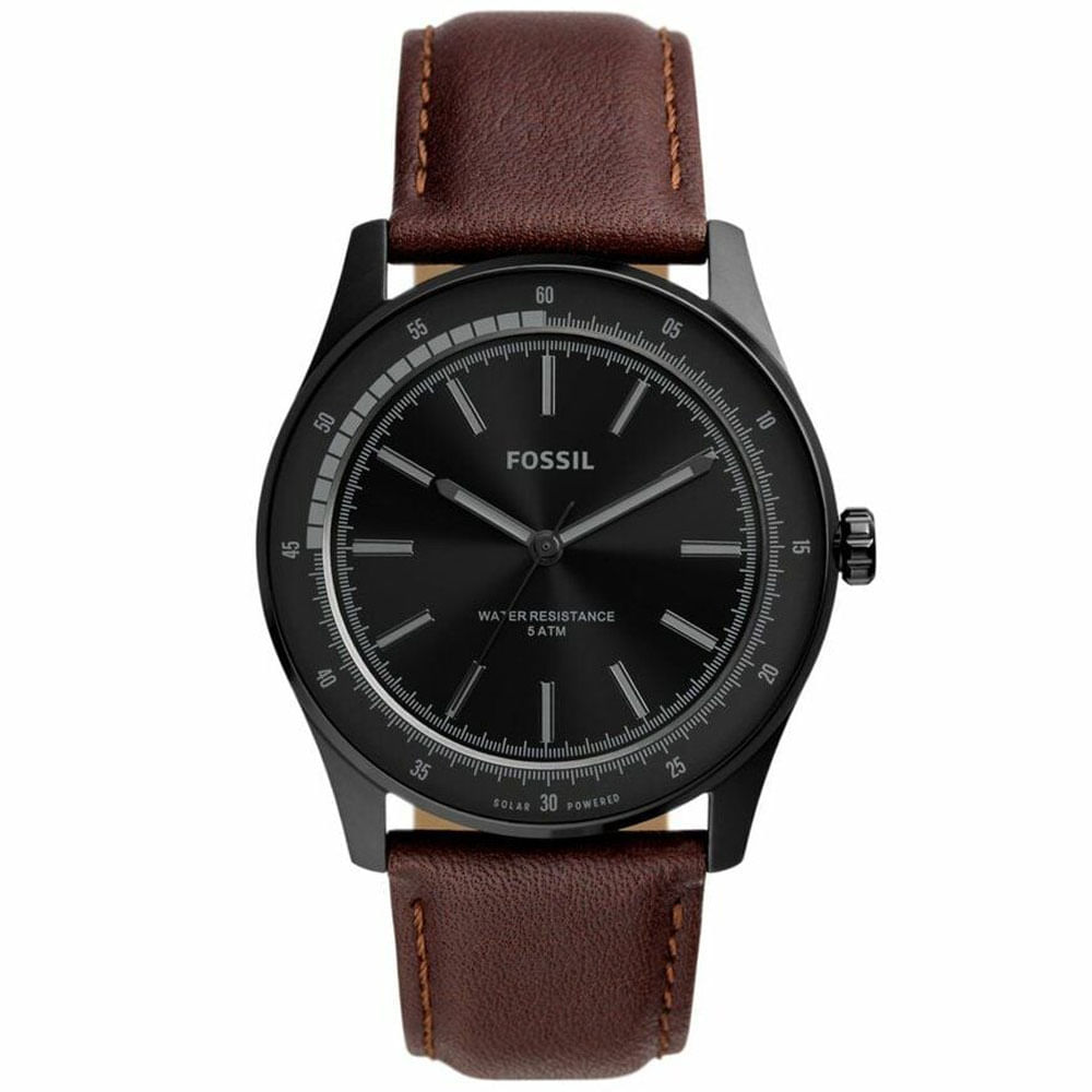 Reloj Fossil Sullivan BQ2666 Solar Acero Inoxidable Negro Correa de Cuero Marrón