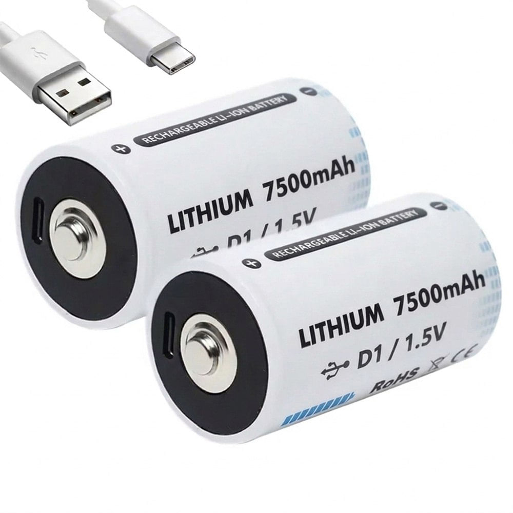 2 Baterias de Litio Recargable Tipo D 1.5V 7500mAh Pila D1 USB C