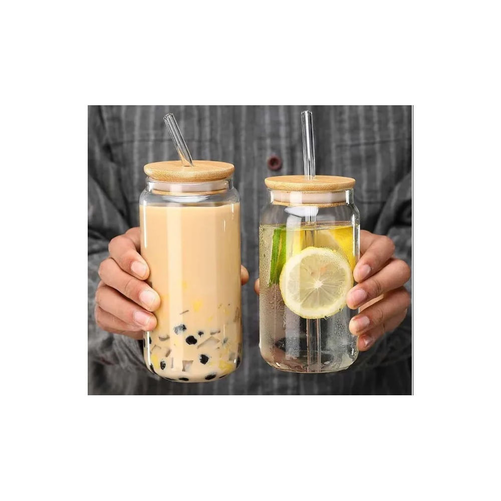 Pack x 2 Vasos de Vidrio con Tapa de Bambu y Sorbete 500ml