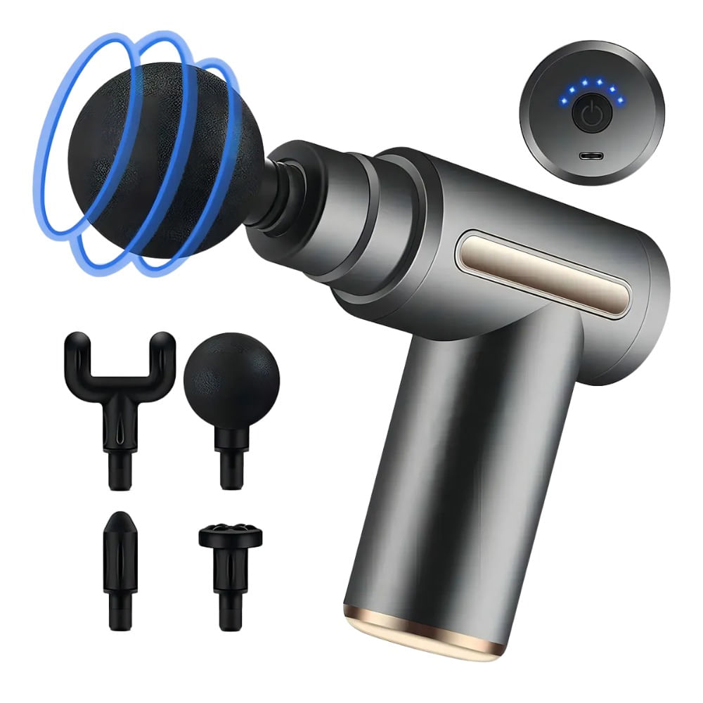 Pistola De Masaje Muscular Para Relajar Aliviar El Dolor 4 Cabezales 6 Velocidades Gris