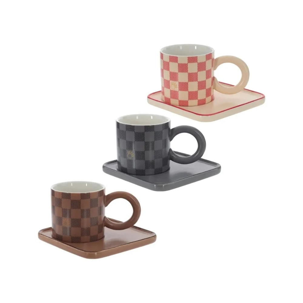 Pack X 3 Tazas con Plato de Cerámica de Tablero de Ajedrez
