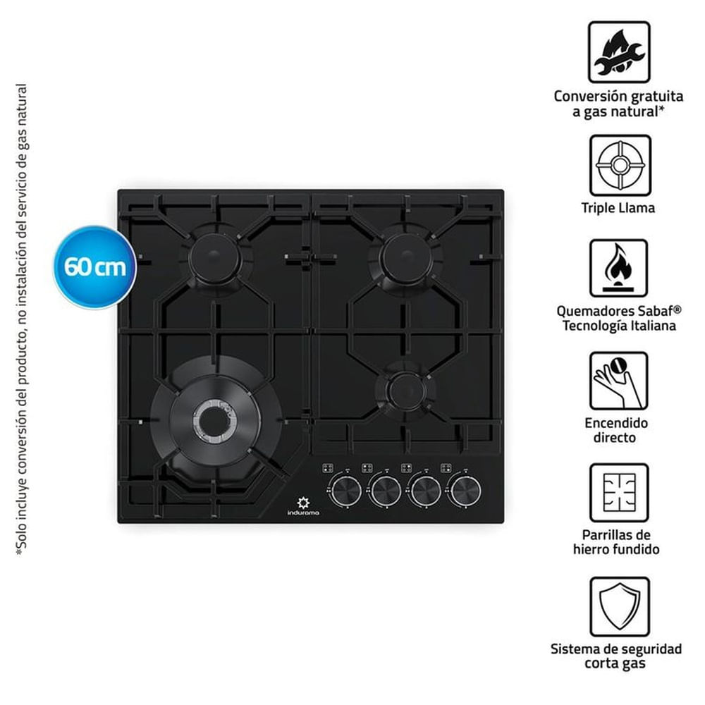 Cocina Empotrable Indurama EGASI-604CGNE 4 Hornillas