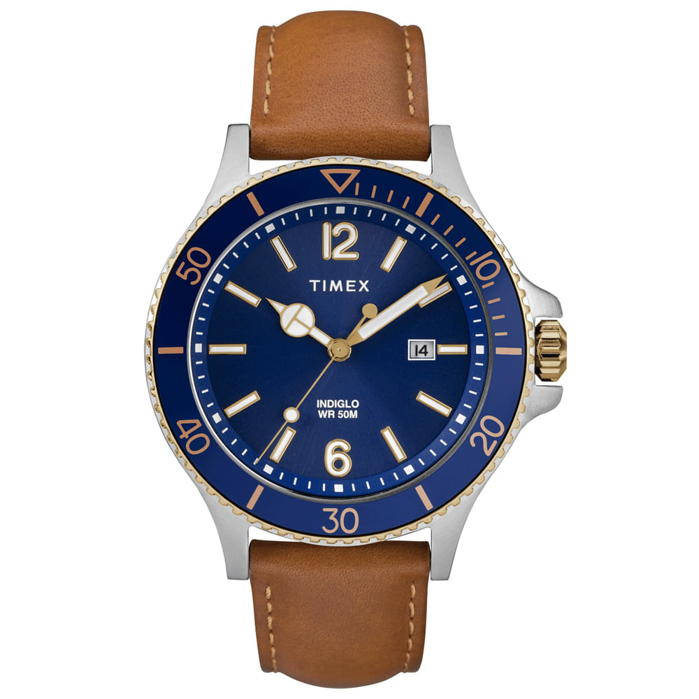 Reloj Timex Harborside TW2R64500 Luz Indiglo Correa Cuero Marrón Dial Azul