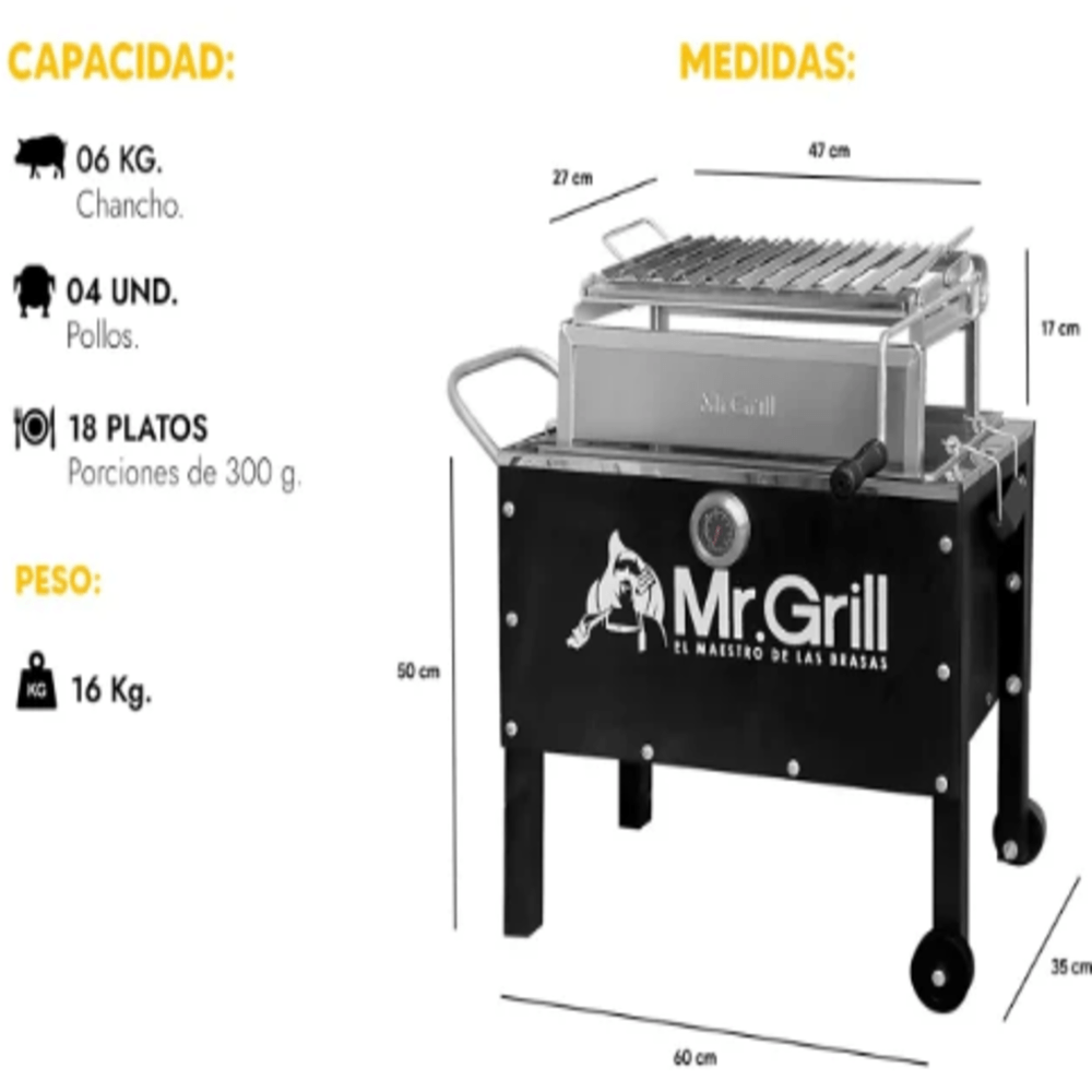 Caja China Mediana Jr Inoxidable con Regulador de altura y Termómetro