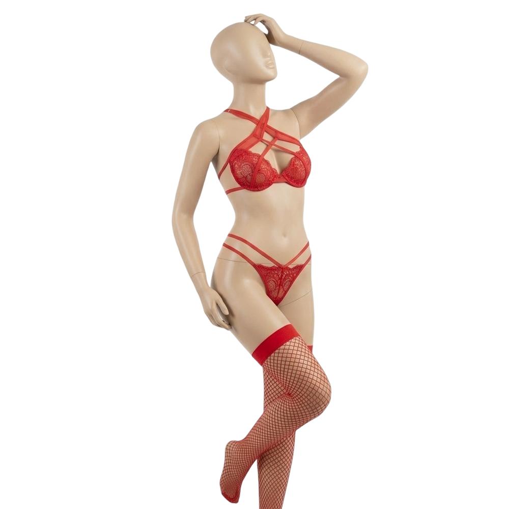 CONJUNTO LENCERIA ENCAJE FLORAL ROJO CARMESI HELENA 16RJ