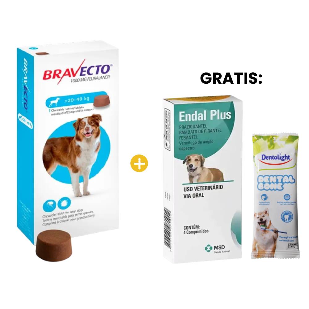 Bravecto Antipulgas para Perro Masticable 20 a 40 Kg y GRATIS Endal Antiparasita x4und y Dental Bone