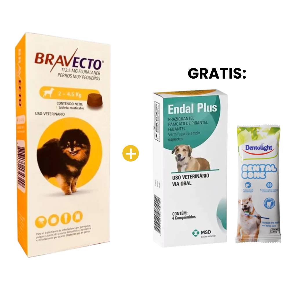 Bravecto Antipulgas para Masticable 2.0 a 4.5 Kg y GRATIS Endal Antiparasitario x4 Und y Dental Bone