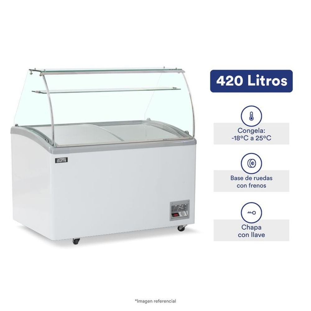 Congelador Ilumi de 420 litros con vitrina y 9 pozas