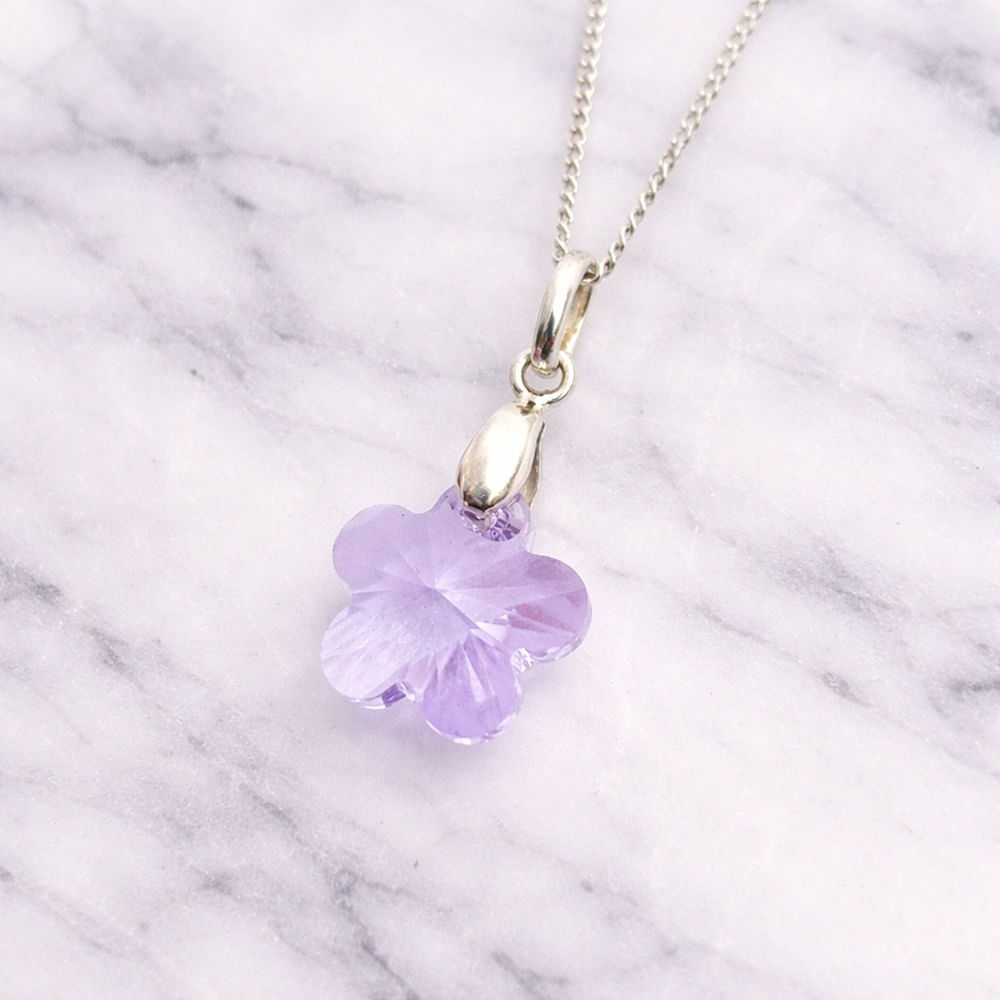 Collar de Plata con Dije Cristal Diseño Flor Lila