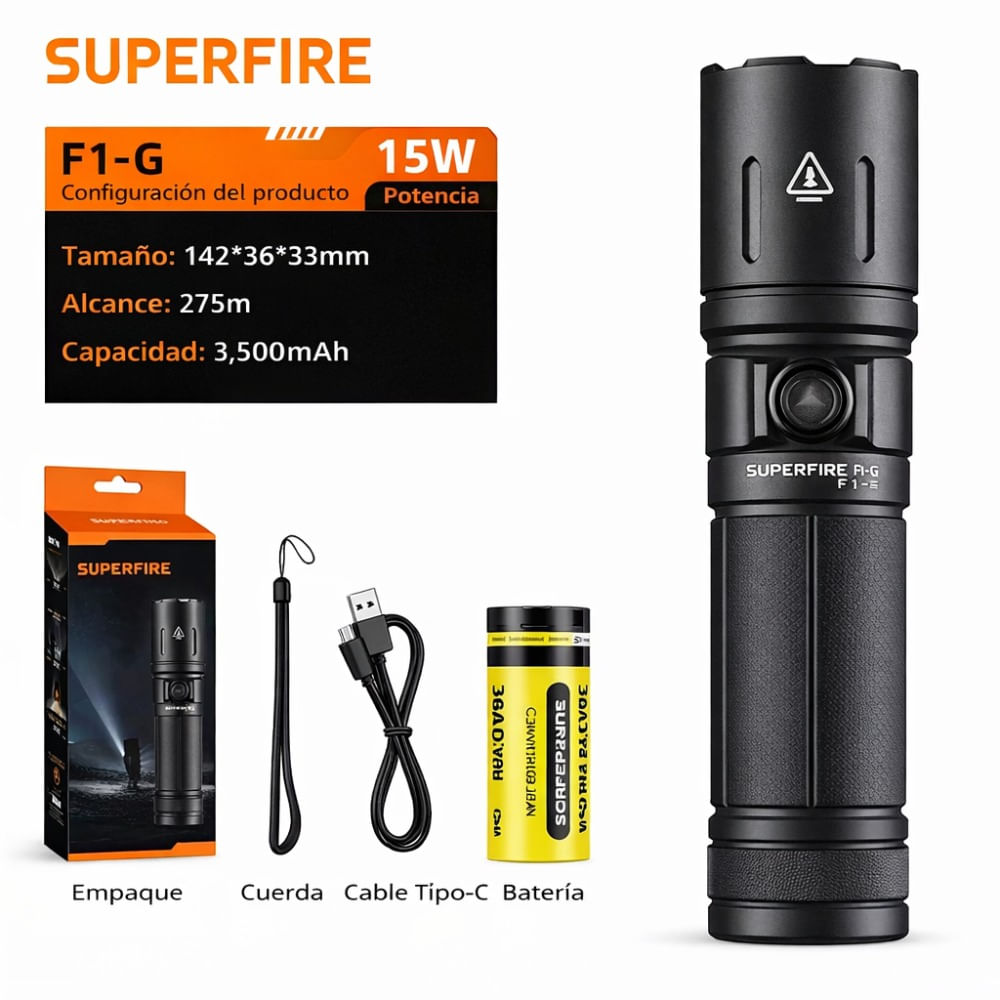 Mini Linterna Led Recargable Superfire F1-g Usb-c negro