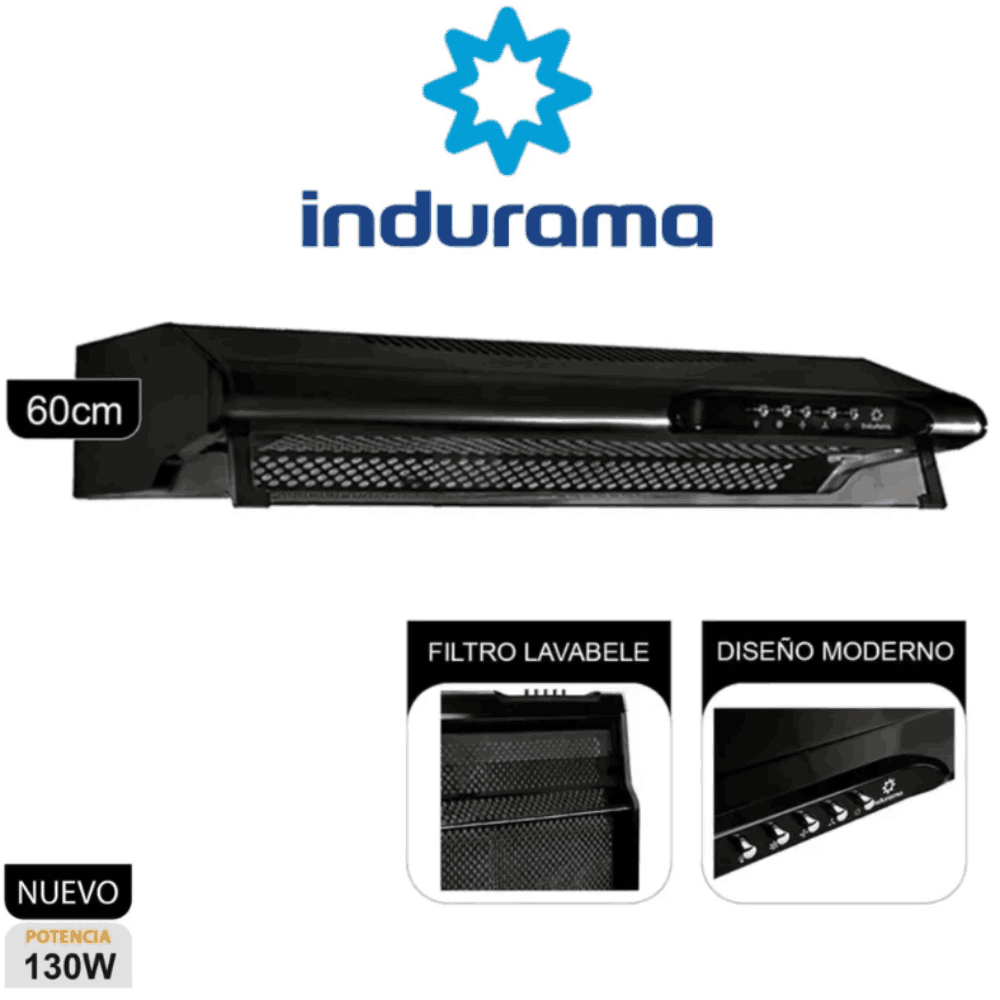 CAMPANA INDURAMA 60CM EXTRACTORA CEI-602NE 3 VELOCIDADES NEGRO