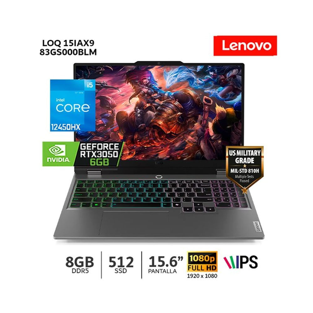Laptop Lenovo LOQ 15IAX9 Core i5-12450HX 8Gb Ram 512Gb SSD 156 FHD RTX3050-6Gb-WIN11-83GS000BLM