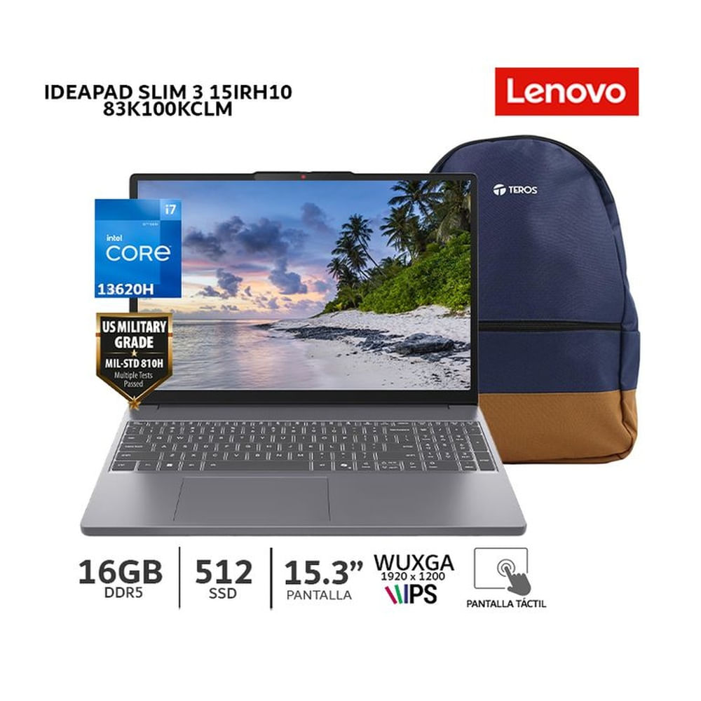 Laptop Lenovo IdeaPad Slim 3 15IRH10 Core I7-13620H 15.3 16Gb Ram 512Gb SSD Tactil 83K100KCLM
