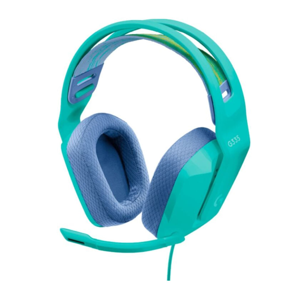 Audífonos Logitech G335 Mint con micrófono, ligeros y cómodos para juegos y música.