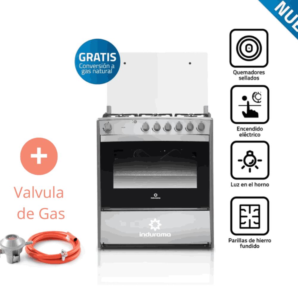 Cocina Indurama a Gas Cataluña QZ 6 Hornillas Croma MAS Válvula De Gas