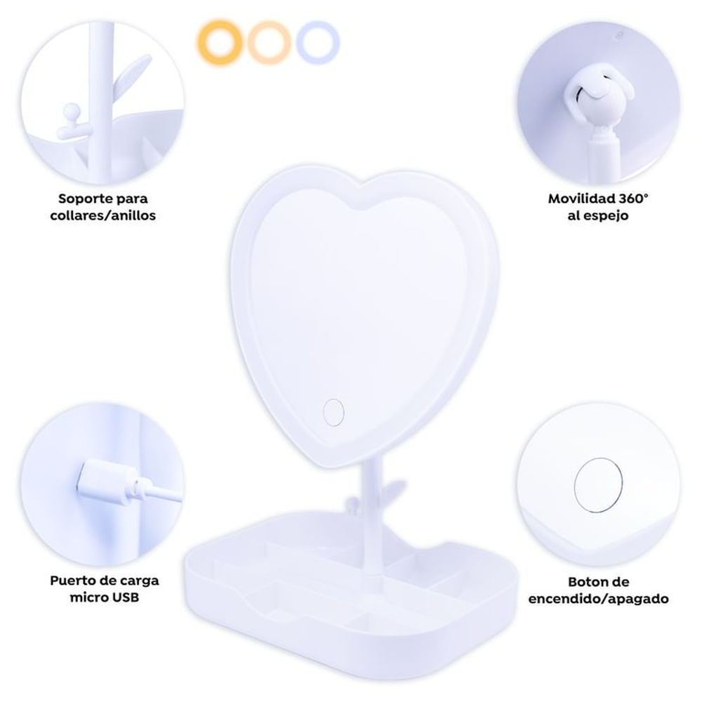 Espejo de Tocador Corazon Led Blanco