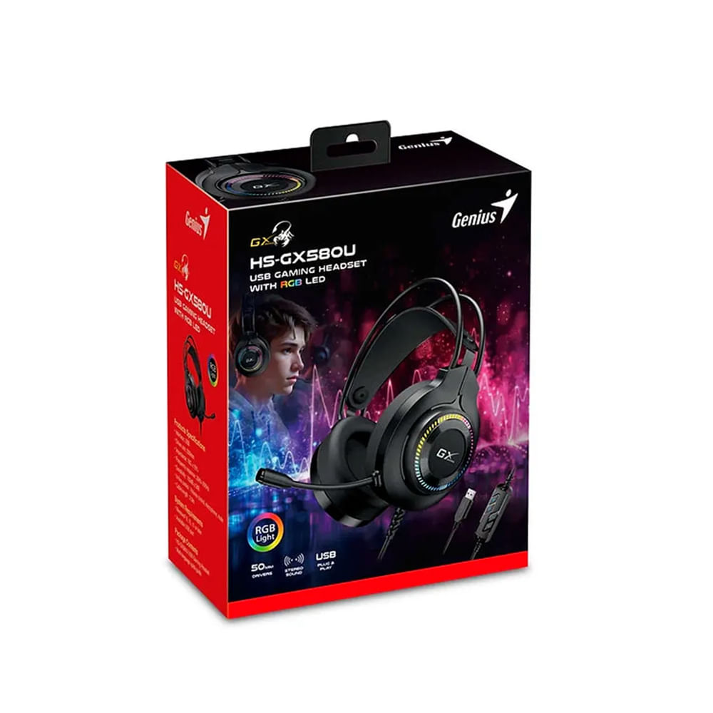 Auriculares Genius GX-HS580U con micrófono, 50mm, iluminación RGB, color negro, sonido envolvente