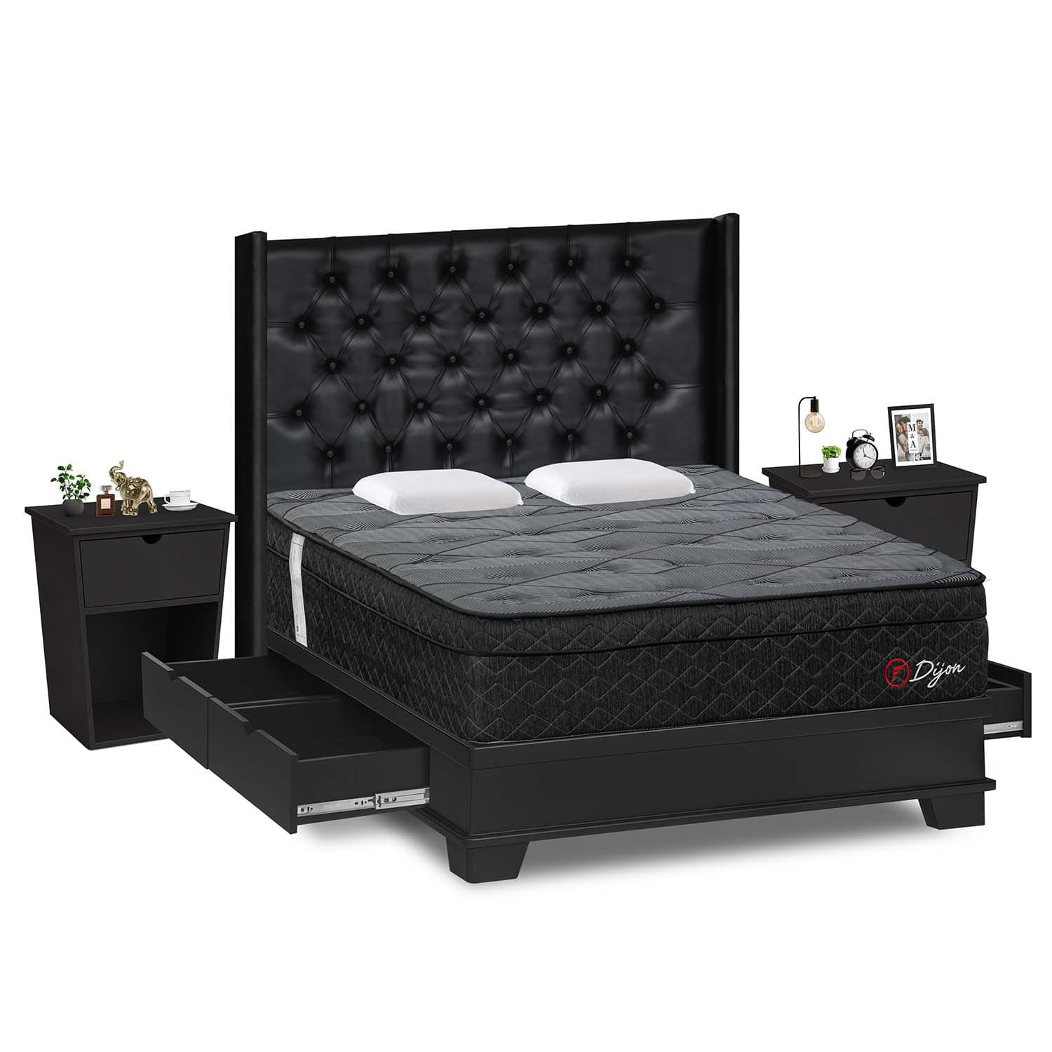 Dormitorio Dijon Con 4 Cajones Queen Laqueado + Velador Bari