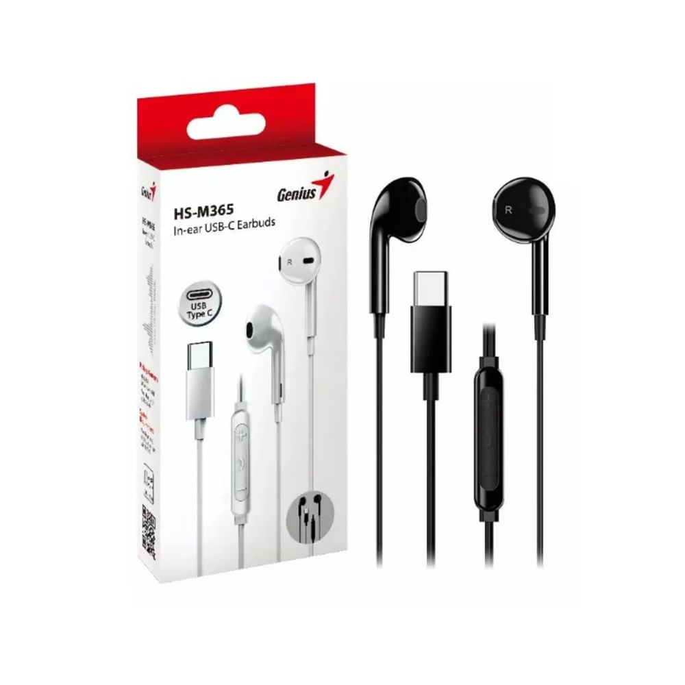 Audífonos Genius HS-M365 in-ear con micrófono, conexión USB-C, color negro, sonido excepcional.