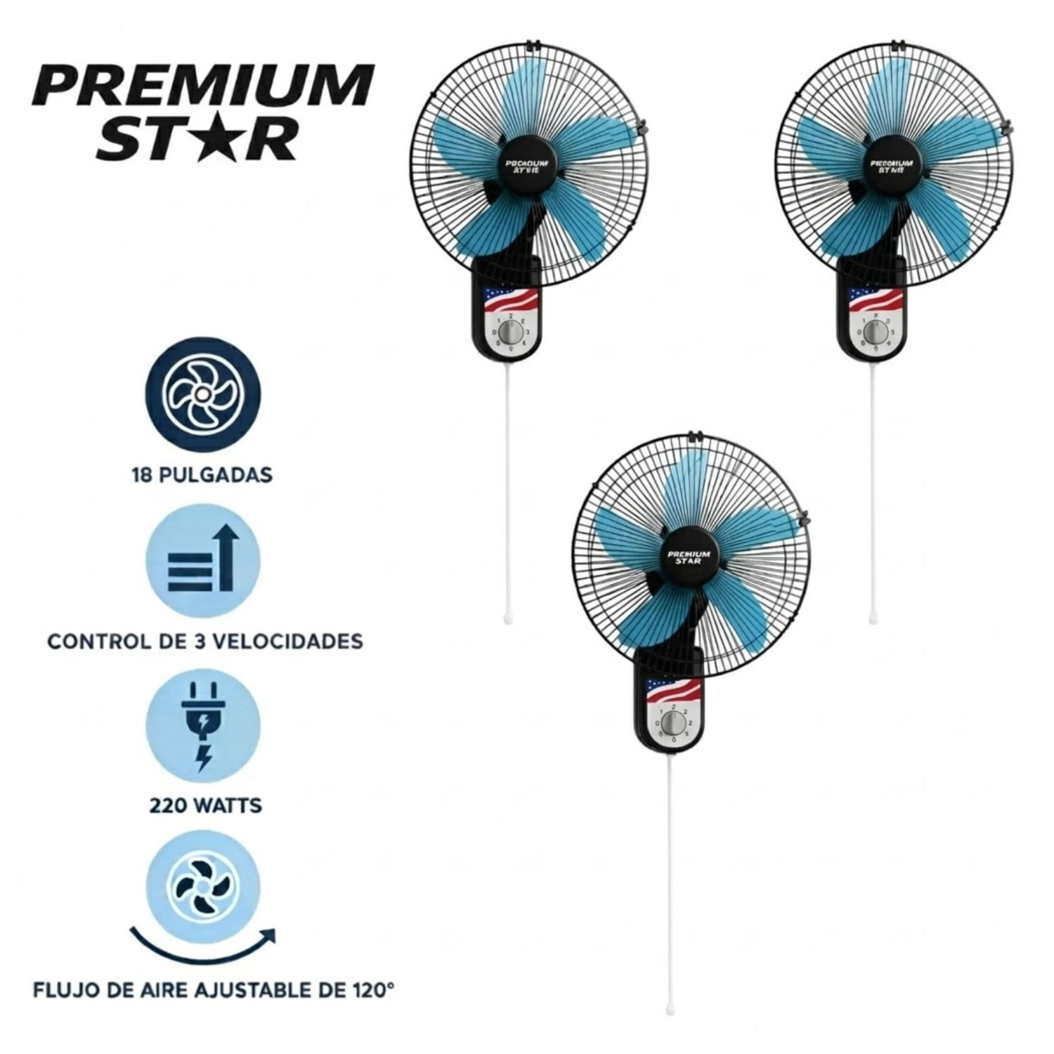Pack 03 Ventiladores Pared 18 pulg Premium Star 220 Watts Negro