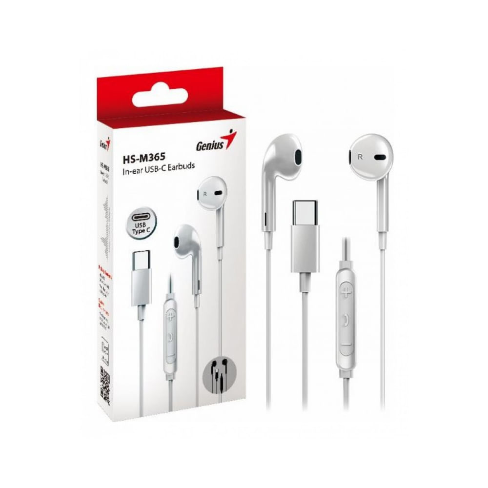 Audífonos Genius HS-M365 in-ear USB-C blancos con micrófono y sonido de alta calidad