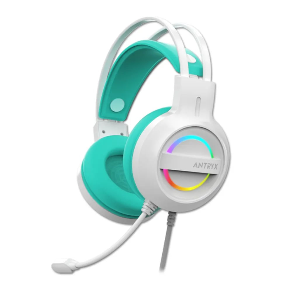 Auriculares gaming ANTRYX IRIS-W 7.1, sonido envolvente, color turquesa, comodidad y estilo.
