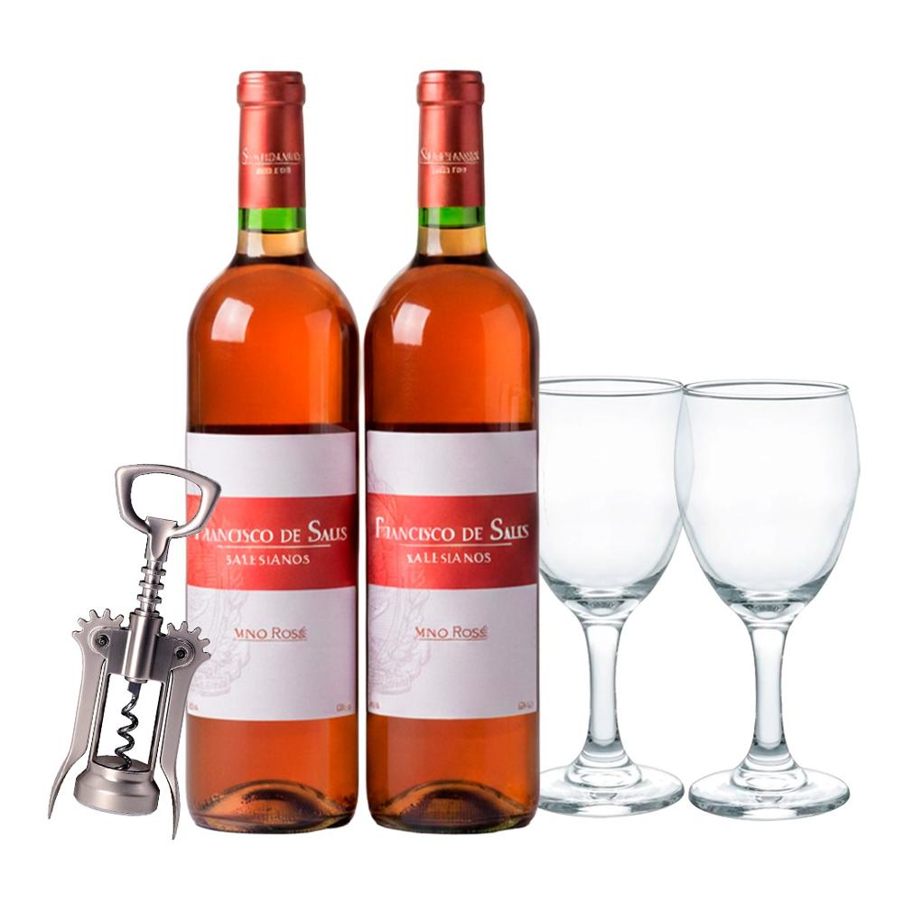 Pack 2 Vino Rose 750 ml. con 2 Copas de Vino y 1 Sacacorchos Metálico de alas