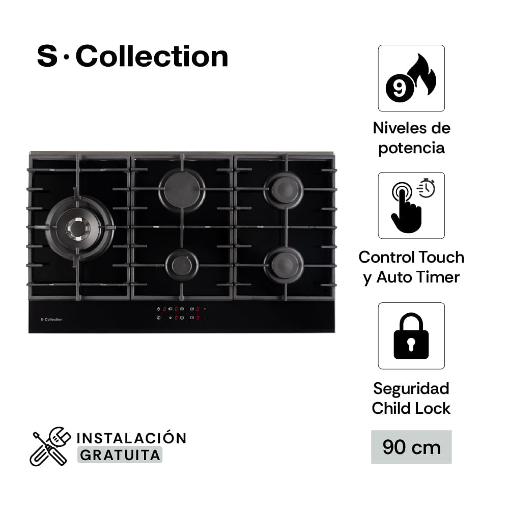 Cocina Encimera 90cm S-Collection Vidrio Templado Full Touch Gas 5 Hornillas Negro