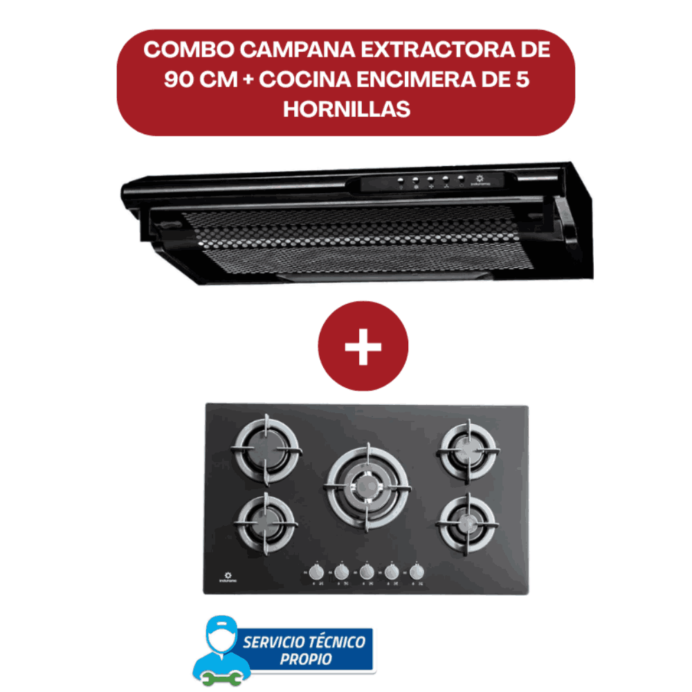 COMBO Encimera Indurama Egi-905vdneg Negro 5 Quemadores Y Campana Extractora Indurama 90 cm Negro