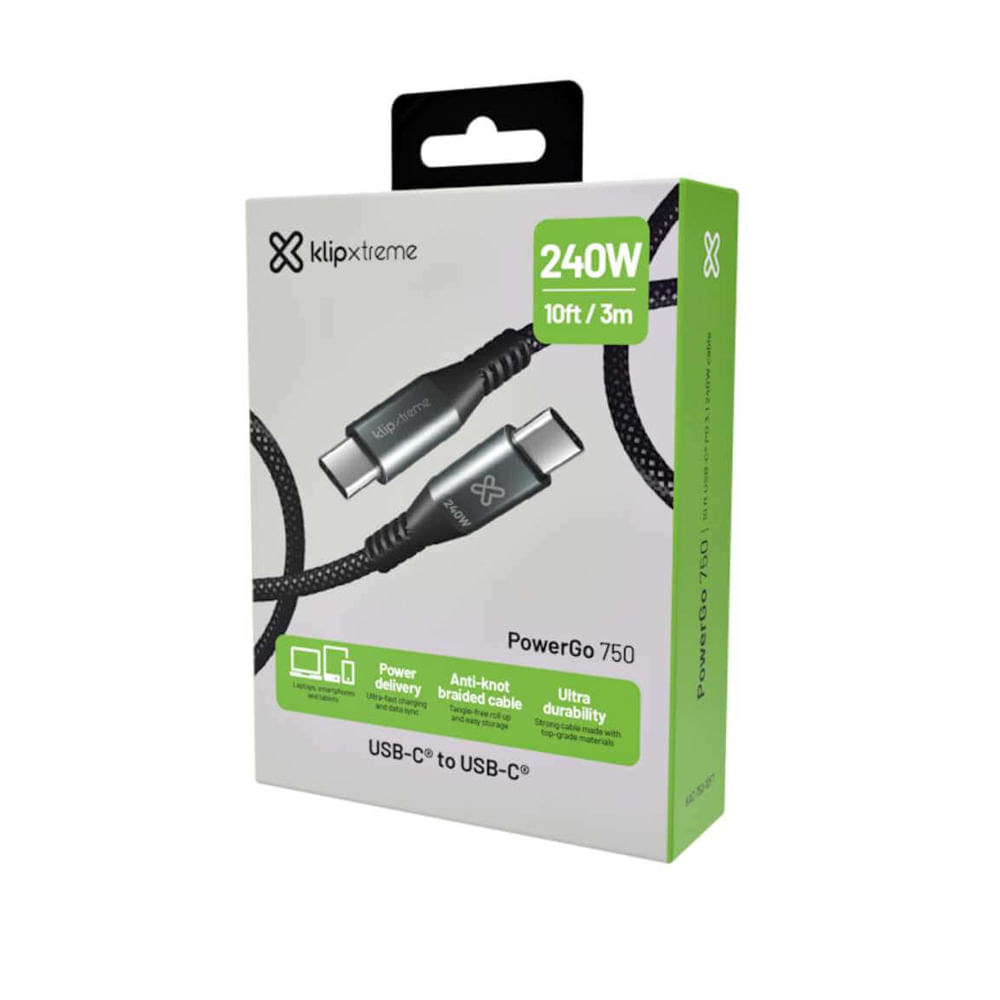 Cable USB-C Klip Xtreme de 3 m, 24 pin, carga rápida de 240W, trenzado y color negro