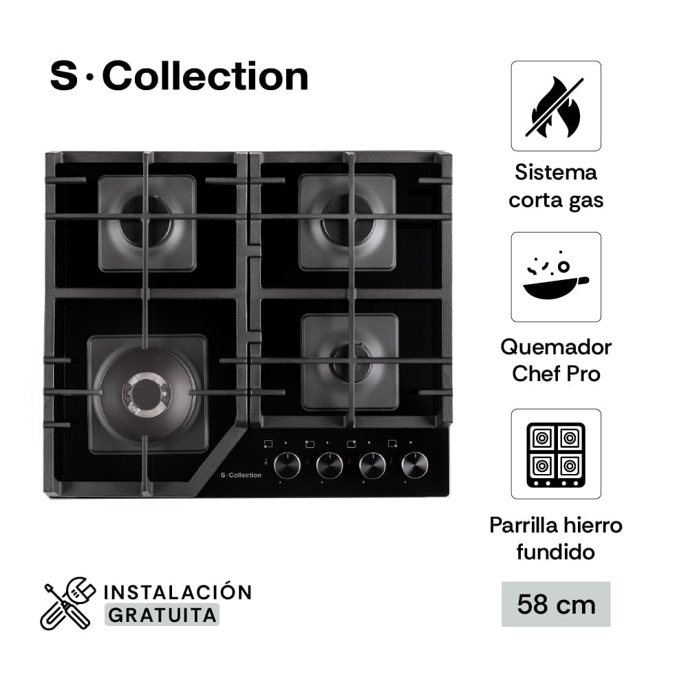 Cocina Encimera 60cm S-Collection SOLCO066 Vidrio Templado a Gas