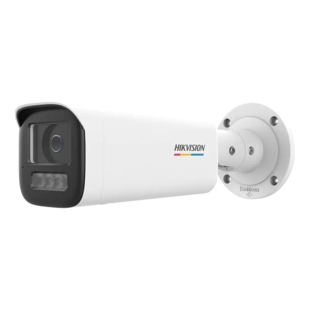Cámara de vigilancia Hikvision ColorVu 2MP con visión nocturna, conectividad IP y diseño compacto