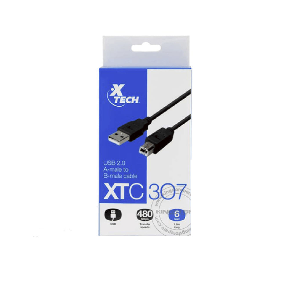 Cable USB 1.8m Xtech Tipo A a B - Conexión rápida para impresoras y escáneres USB 2.0