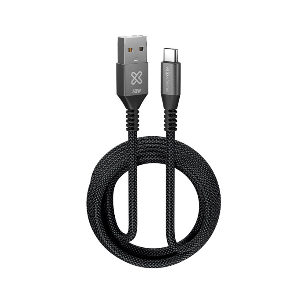 Cable Klip Xtreme USB-A a USB-C 3m, 30W de carga rápida, trenzado negro - Conéctate sin límites.