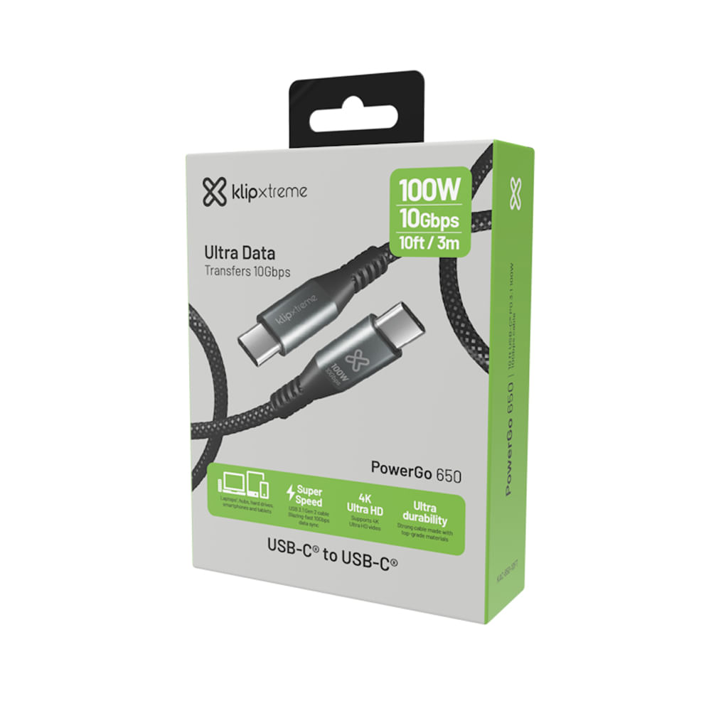 Cable USB-C Klip Xtreme de 3 m, 100W y 10Gbps, trenzado en negro - Carga rápida y transferencia efi