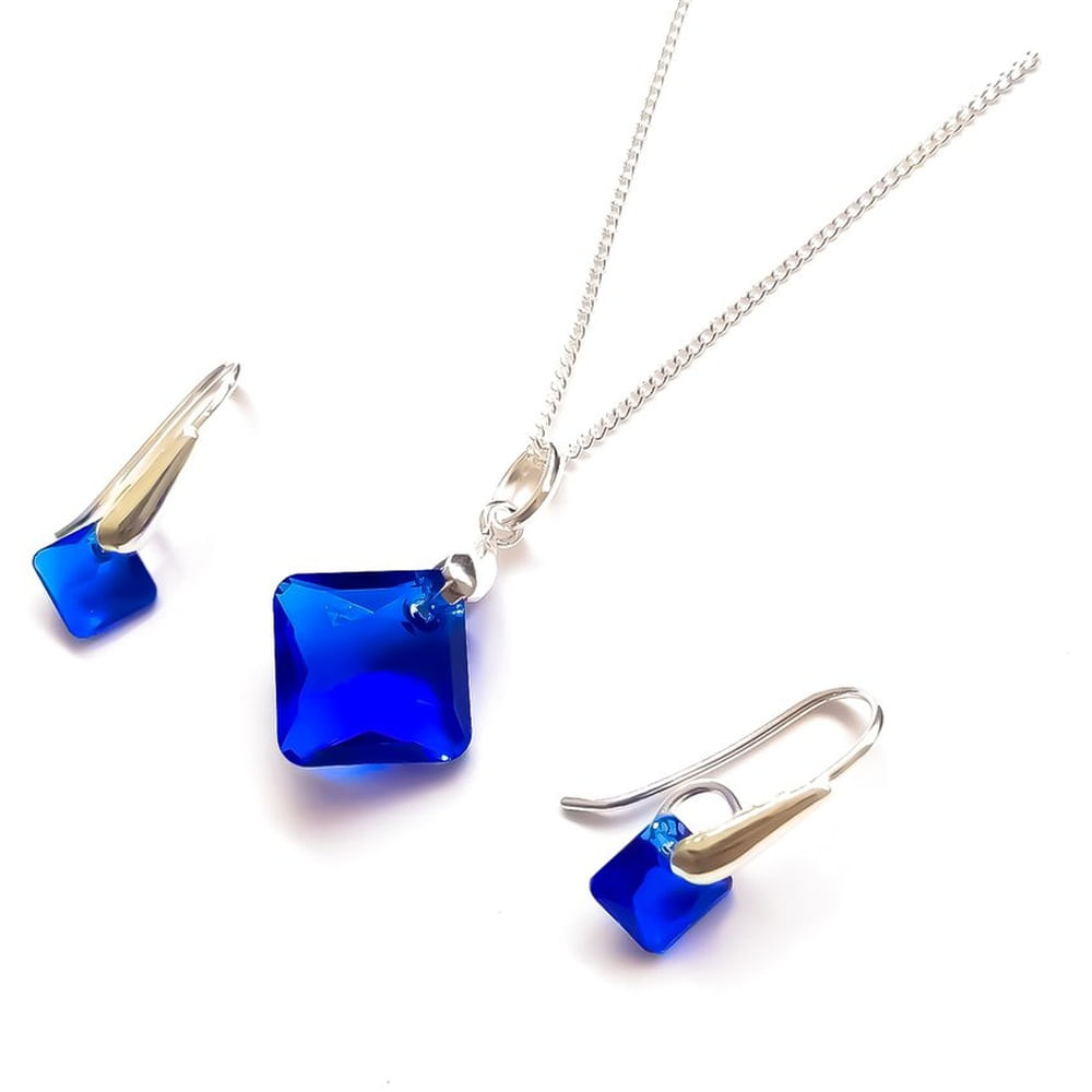 Set Collar y Aretes de Plata con Cristal Rombo Azul - Joya Elegante para Regalo Especial