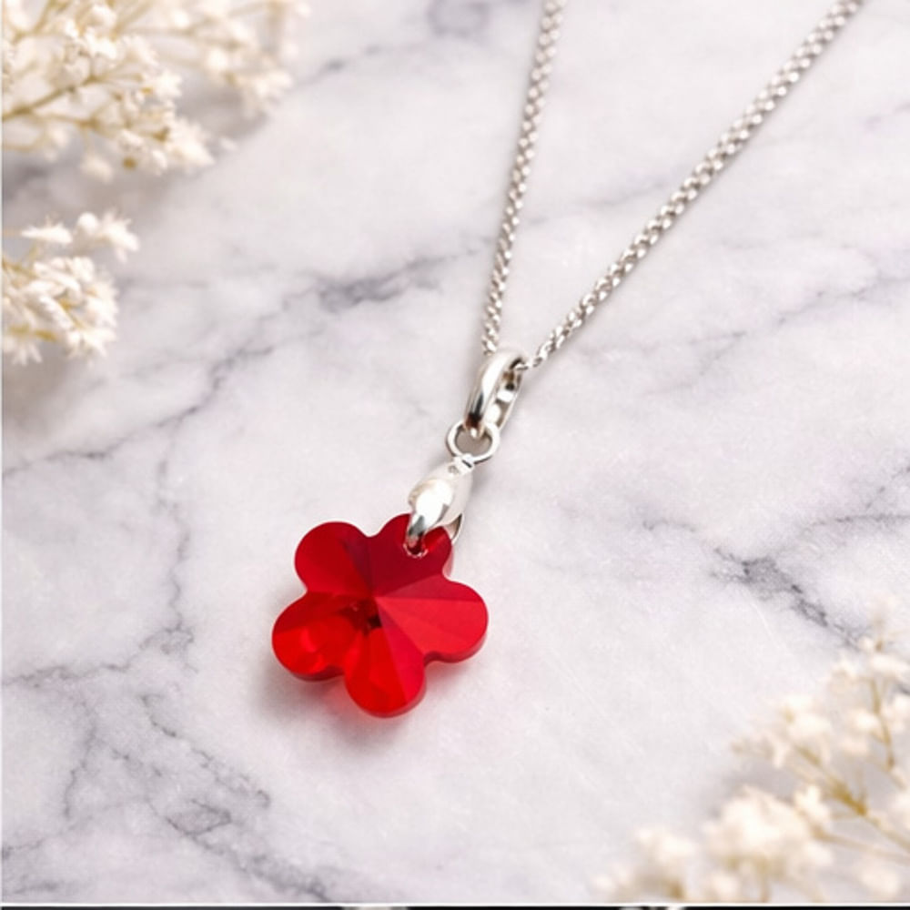 Collar de Plata con Dije Flor de Cristal Rojo para Mujer - Collar Elegante Ideal Regalo para Ella